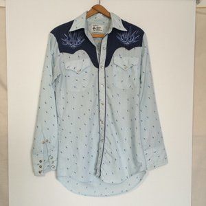 MWG Johnny West Western Shirt Small Blue Xtra Long Tails Pearl Snap Long Sleeve